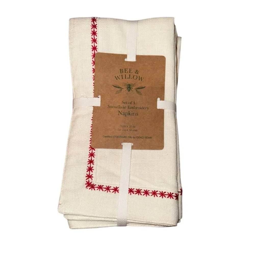 Willow & Bee Cream Muslin Napkins Red Snowflake Embroidery CottageCore Farmhouse